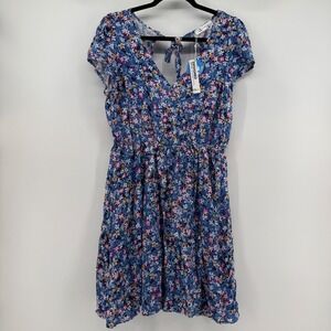 Cupshe Blue Floral Print Short Sleeve V Neck Tie Back Mini Dress Women's Size L